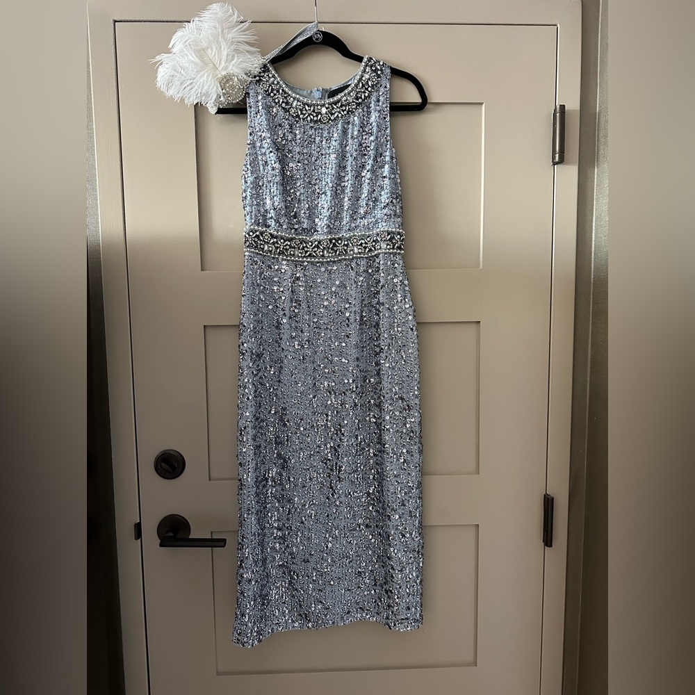Mac Duggal, slate blue, beaded midi dress with 1920’s headpiece. Size 4.